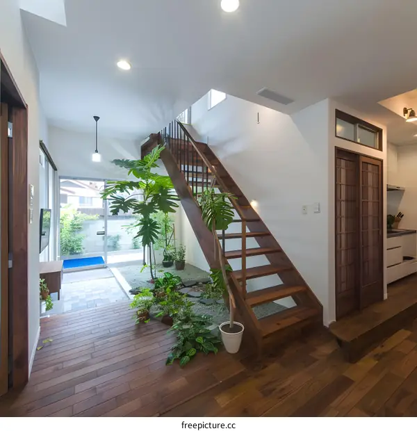 Modern Wooden Staircase with Glass Door and Plants