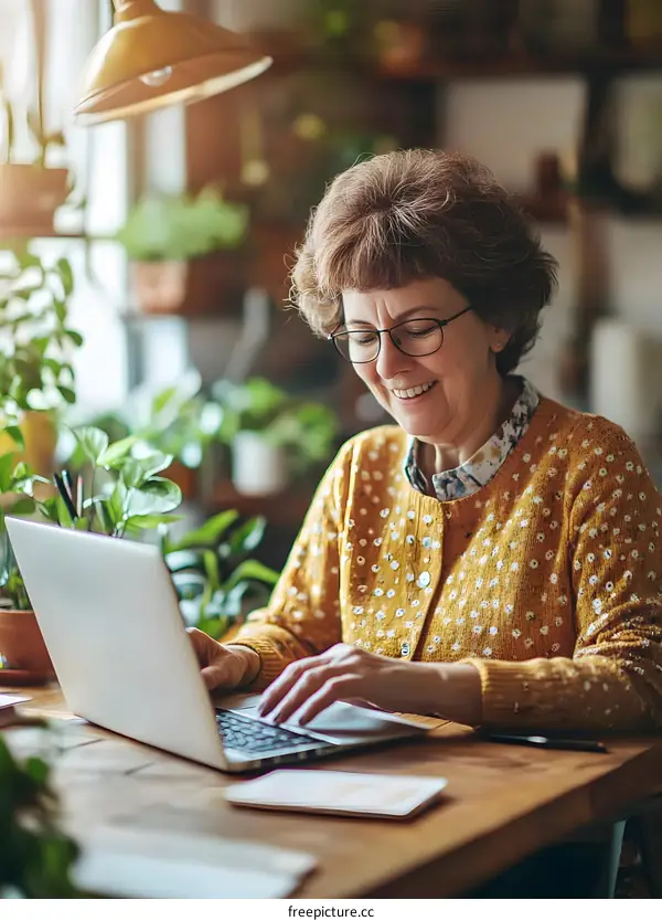 Smiling Senior Woman Uses Laptop In Home Office