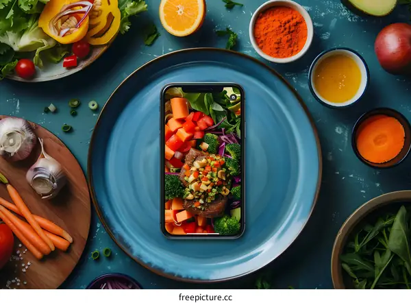 Smartphone on Plate with Fresh Vegetables and Meat