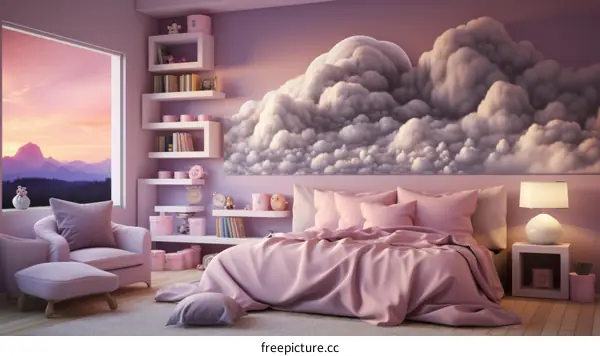 Pink Dreamy Bedroom with Cloud Mural