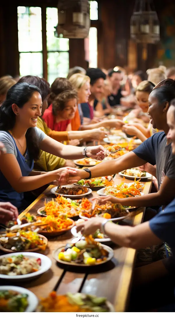 A group of diverse people enjoying a meal together at a long table