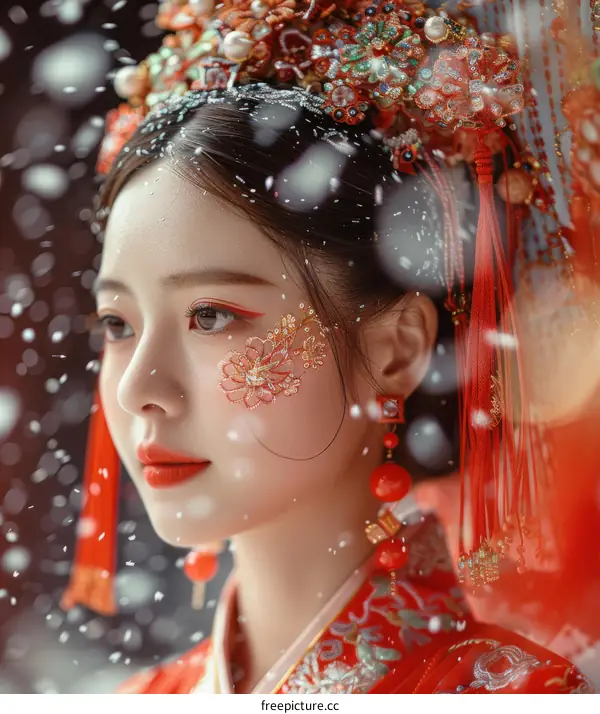A young Chinese woman wearing a traditional red wedding dress and headpiece with golden decorations and red tassels, with a slight smile on her face and snowflakes falling around her.