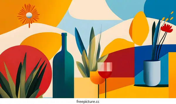 Abstract Illustration with Wine Bottle, Glass and Plants in a Geometric Shape