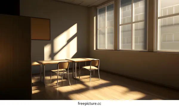 Empty Classroom With Wooden Tables And Chairs