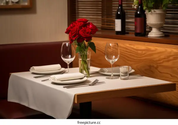 A romantic dinner table with a bouquet of red roses