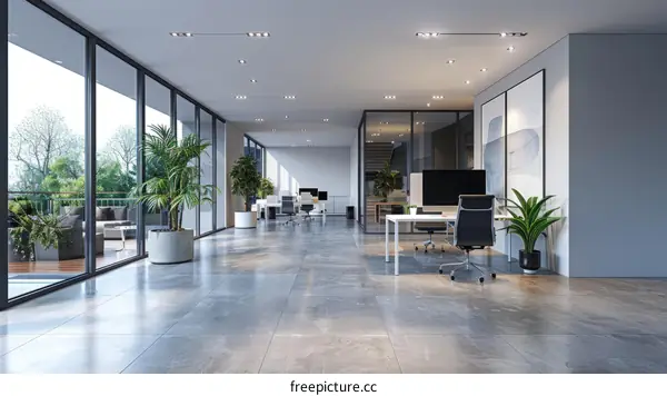 Modern office interior with large windows and plants