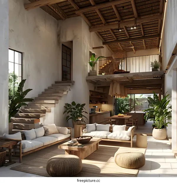 Stairway to the living room with plants