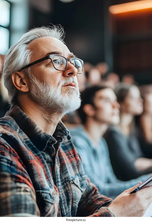Close Up Portrait of a Man in a Plaid Shirt Looking Up and Listening