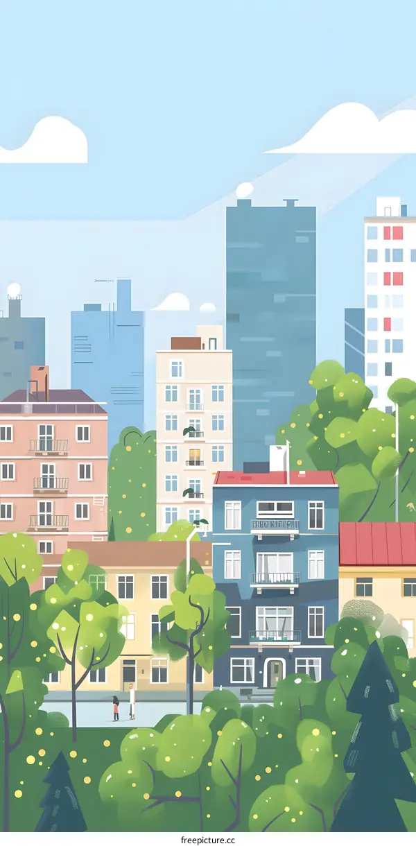 Cityscape Illustration with Two People Walking in a Park