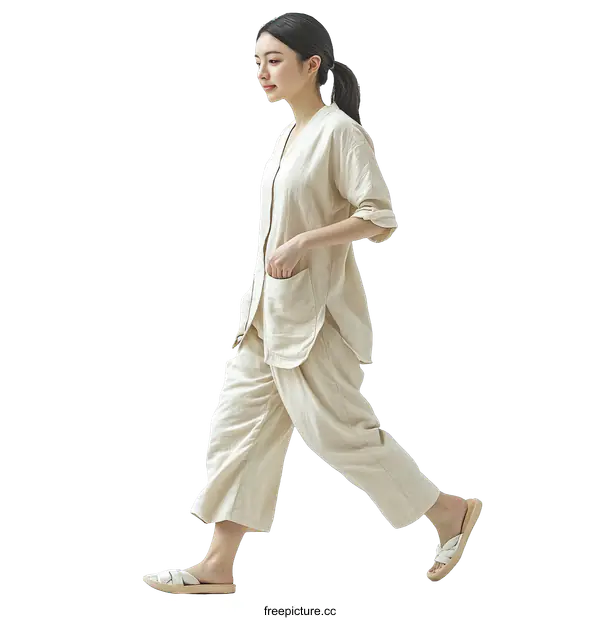 [Transparent Background PNG]Beige Linen Pajama Set for Woman
