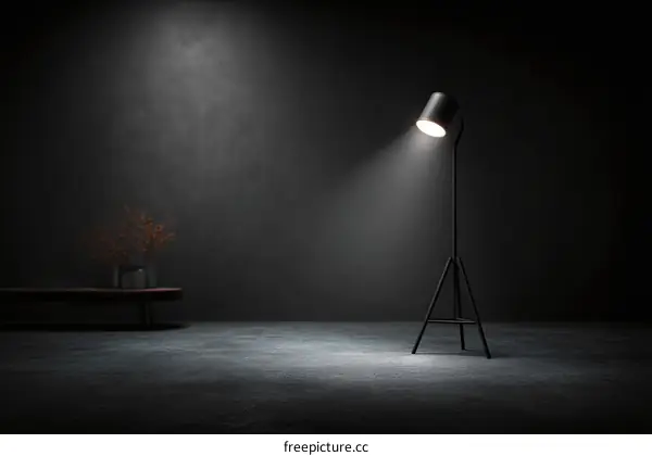 Dark Studio Interior Scene with Spotlight Lamp