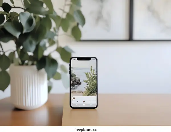 Smartphone Displaying a Photo of a Beach