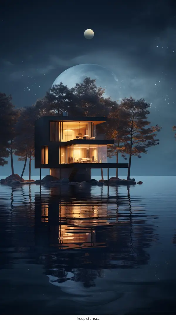 futuristic house on lake at night with moon