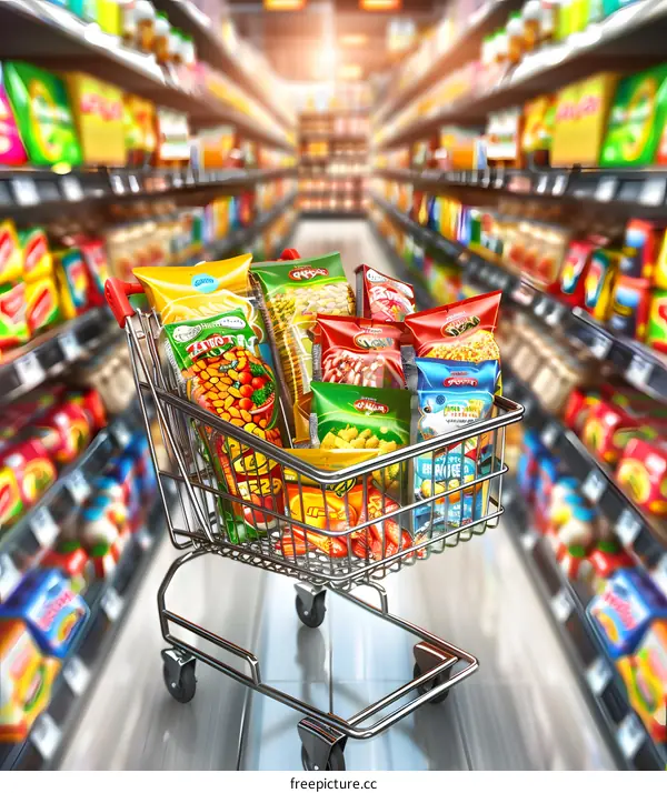 Full Shopping Cart With Various Snacks In Supermarket Aisle