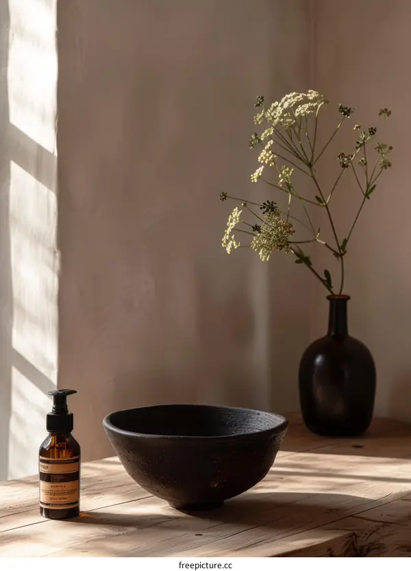 Still life with a bowl, a vase, and a plant