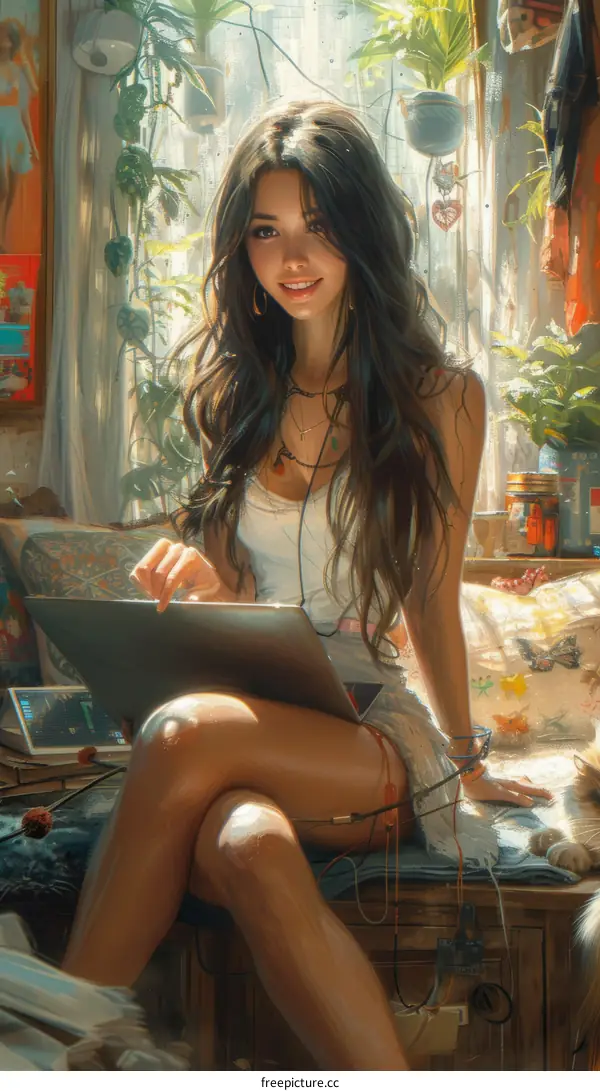 Smiling Woman Relaxing on Couch with Laptop