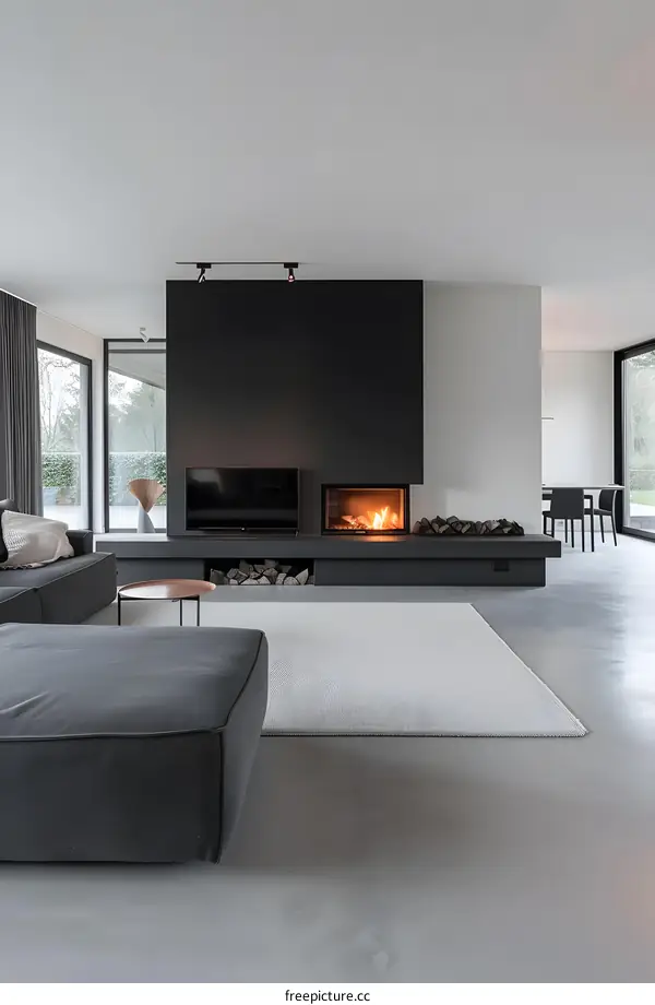 Modern Living Room With Fireplace and Grey Couch