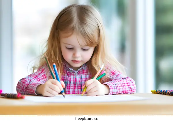 Little Girl Drawing with Colored Pencils