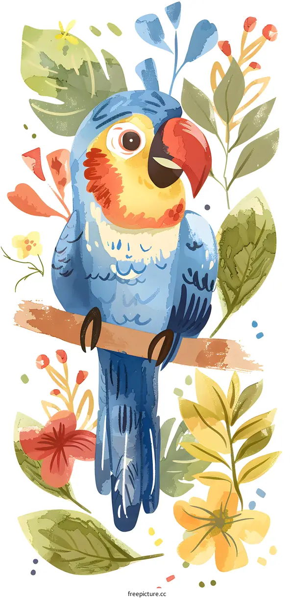 Colorful Parrot Sitting on Branch With Flowers and Leaves Watercolor Illustration