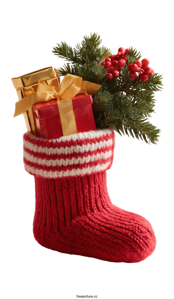 [Transparent Background PNG]Christmas Knitted Stocking with Gifts and Fir