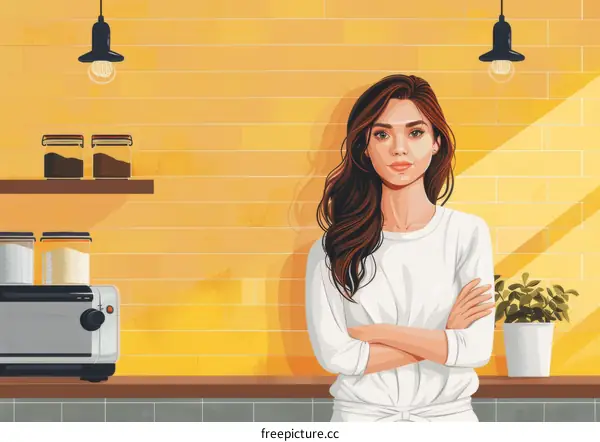 Confident young woman standing in front of a yellow wall