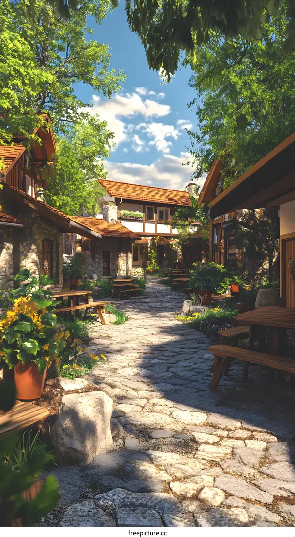 Stone Pathway through a Quaint Village Setting