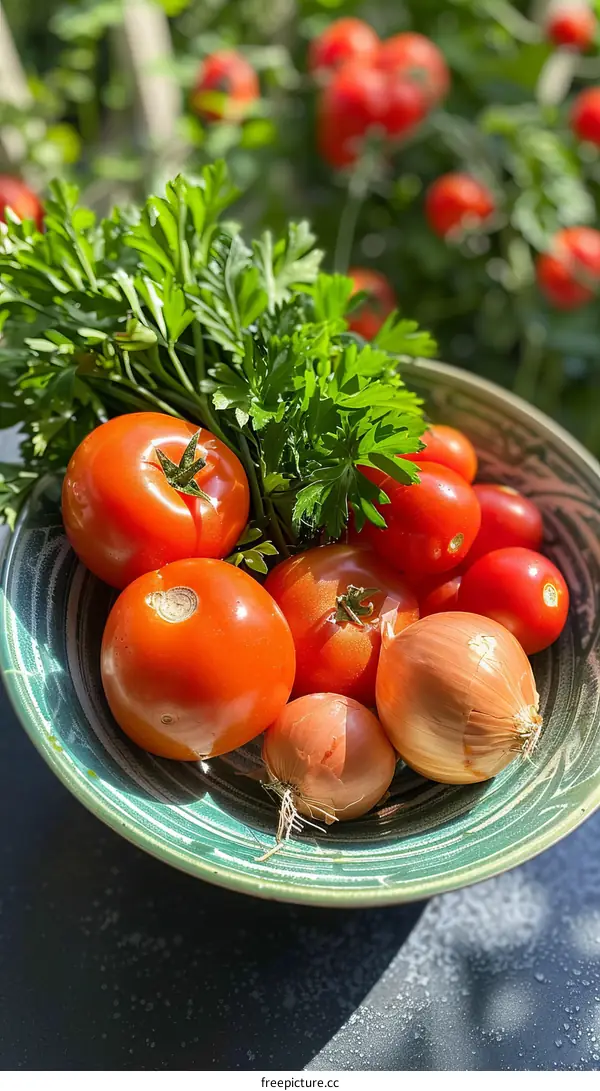 A bowl of fresh tomatoes and onions with parsley