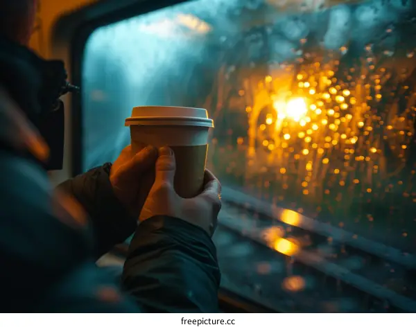 A Person Holding a Coffee Cup While Looking Out of a Train Window