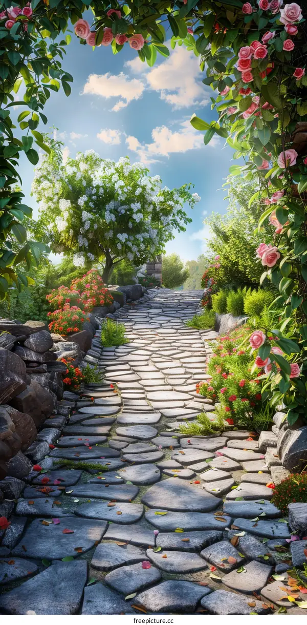 Stone Pathway with Flowers in a Tranquil Garden