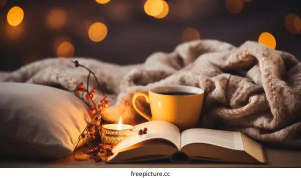 A cozy scene with a cup of coffee, a book and a candle