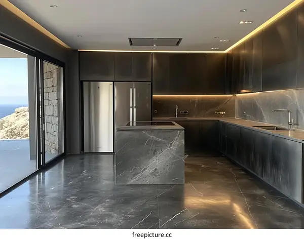 Modern kitchen interior with dark marble and stainless steel appliances