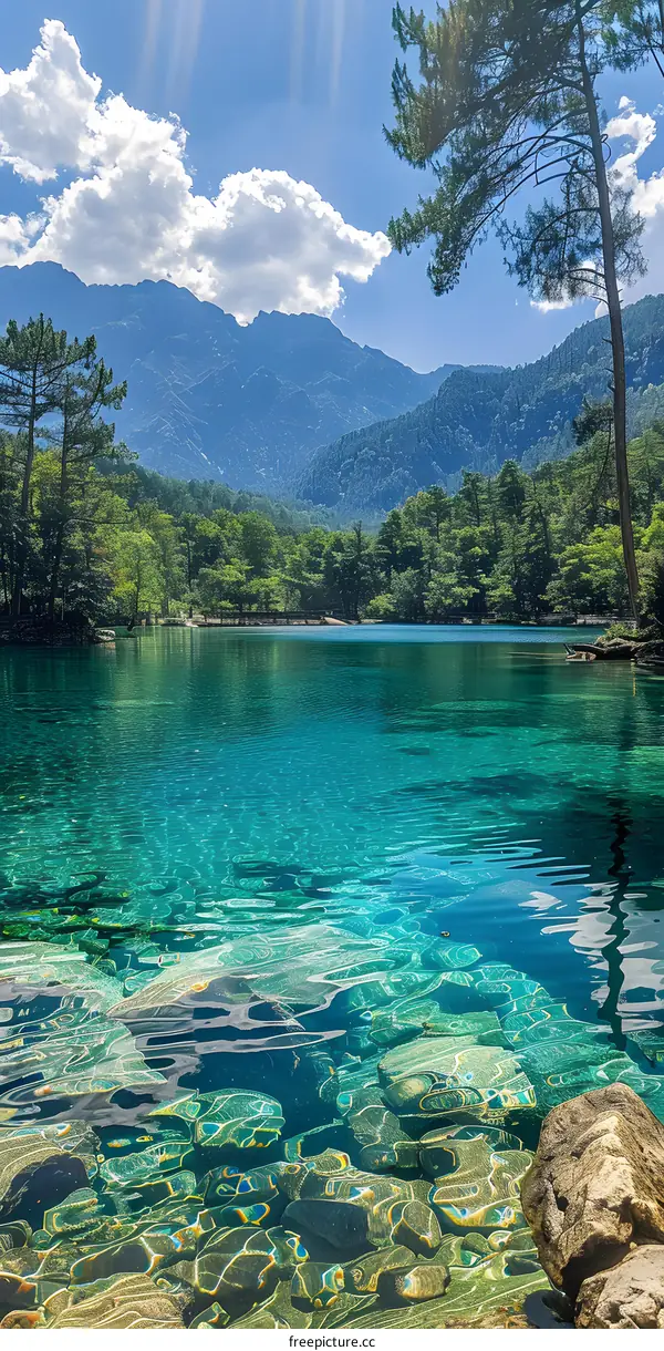 Thessaly, Greece. Mountain lake with crystal clear water and green trees