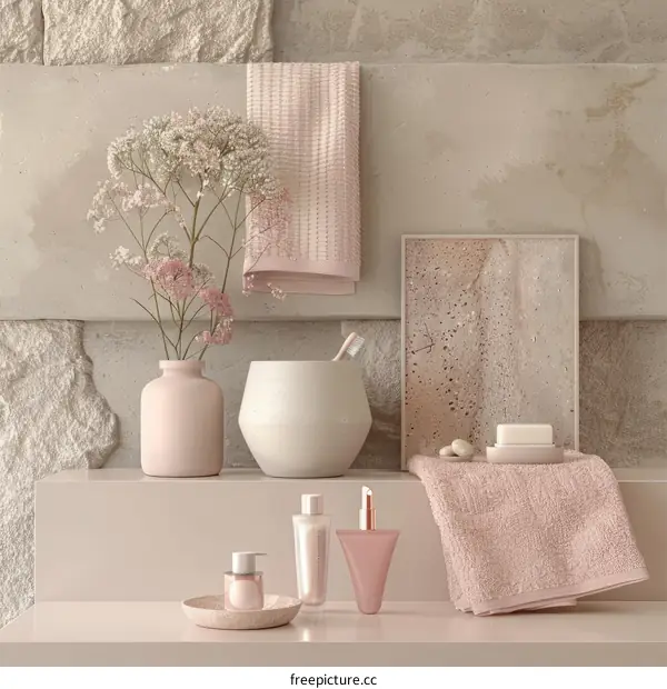 An elegant bathroom vanity with a pink theme