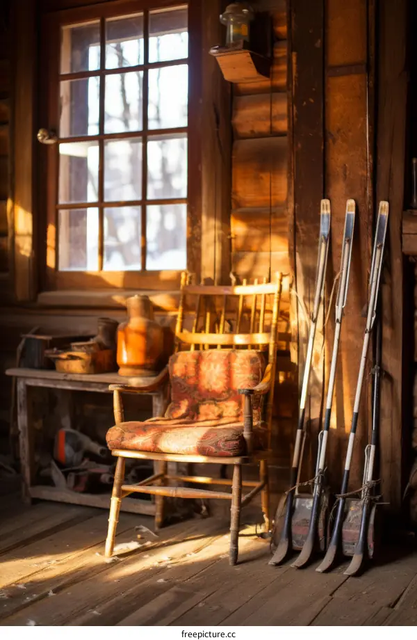Vintage ski equipment in a wooden cabin