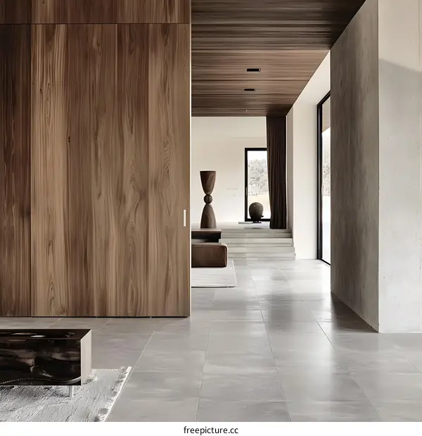 Modern Interior Design With Wood Panels And Grey Tile Flooring