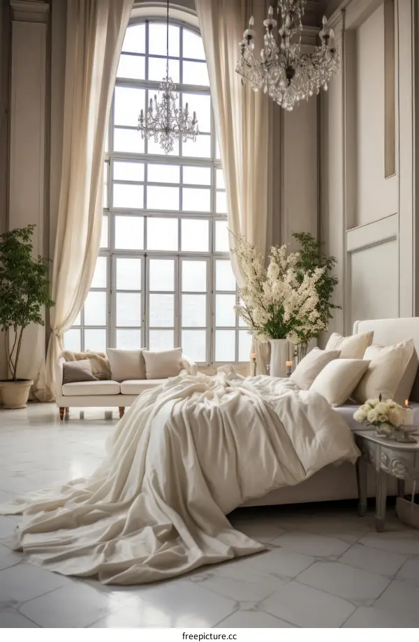 Elegant bedroom interior with a large bed and a sofa