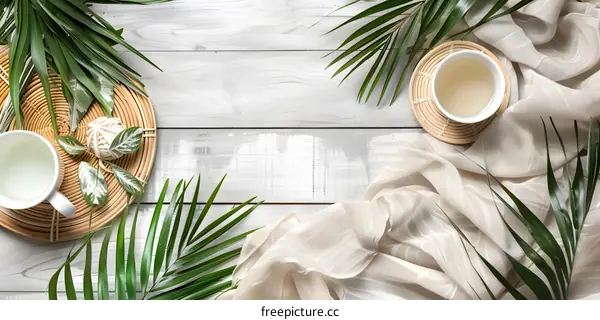 Flat Lay With Palm Leaves White Tea And White Fabric