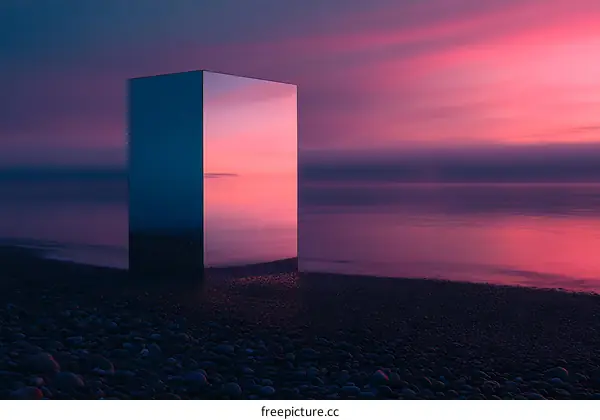 Reflective Minimalist Structure on a Beach at Sunset