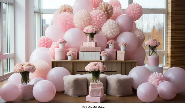 A beautiful display of pink and white flowers, balloons, and gifts.