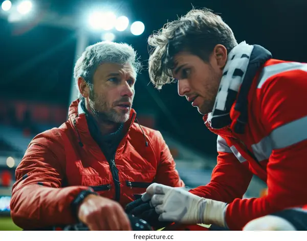 Two male medics talking over injured player
