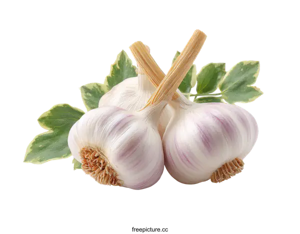 [Transparent Background PNG]Fresh Garlic Heads with Leaves Close-up