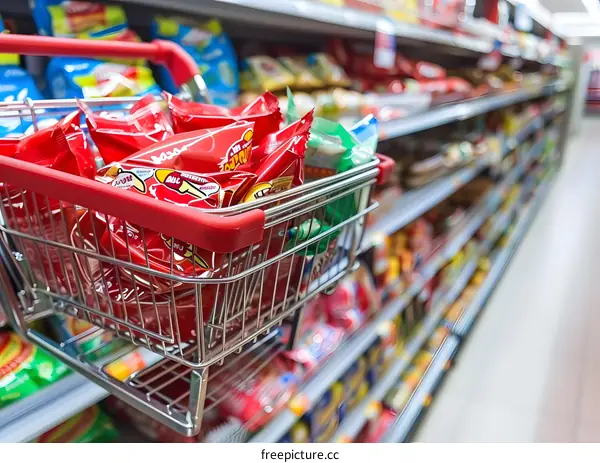 Red Shopping Cart Filled With Snacks at Supermarket