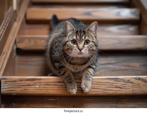 Tabby Cat Sitting on Wooden Stairs