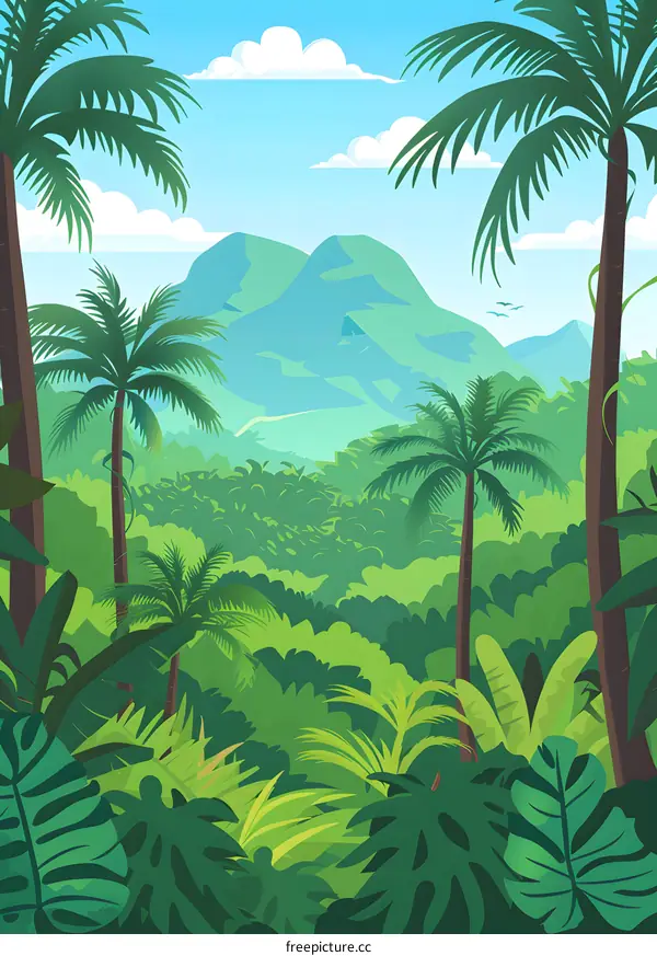 Tropical Rainforest Landscape With Palm Trees And Mountains