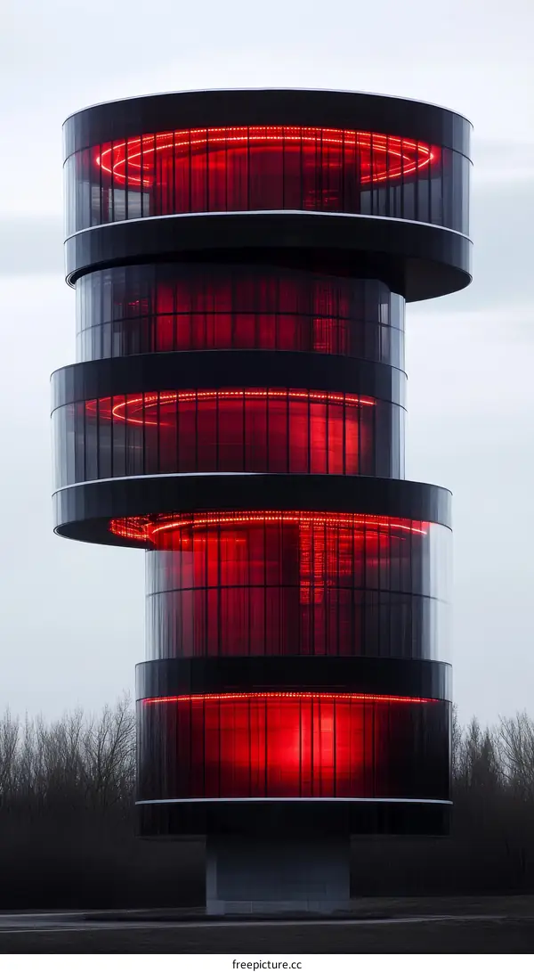 Modern Spiral Tower with Red LED Lighting