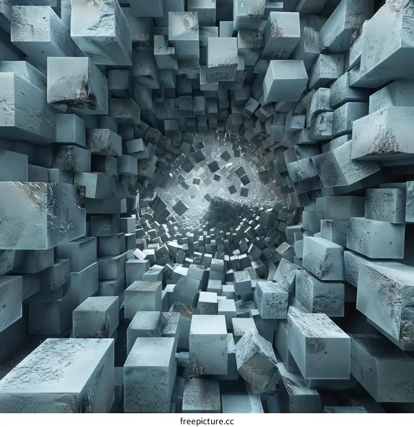 Abstract 3D rendering of a tunnel made of concrete cubes
