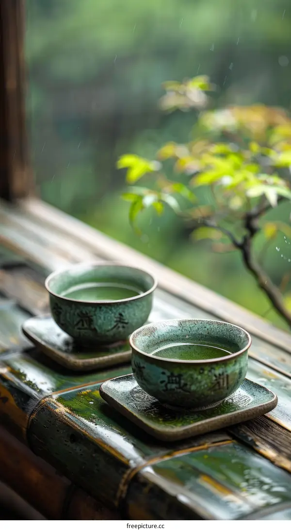 Two celadon teacups with tea on a bamboo table by the window