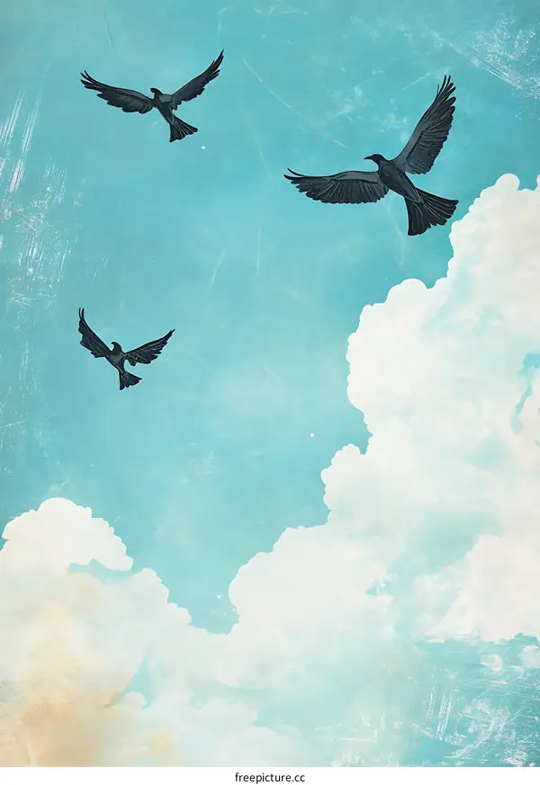 Three Birds Flying in the Sky with White Clouds