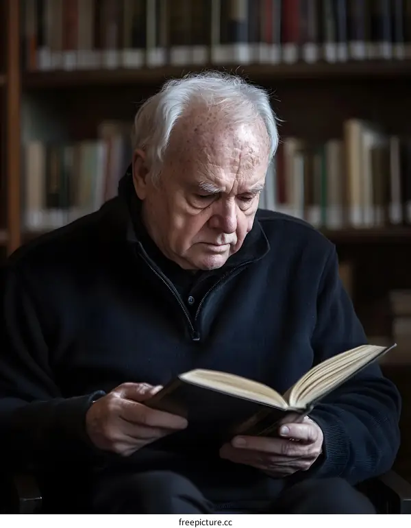 Elderly Man Reading Book in Library