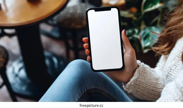 Woman Holding Smartphone in a Cafe
